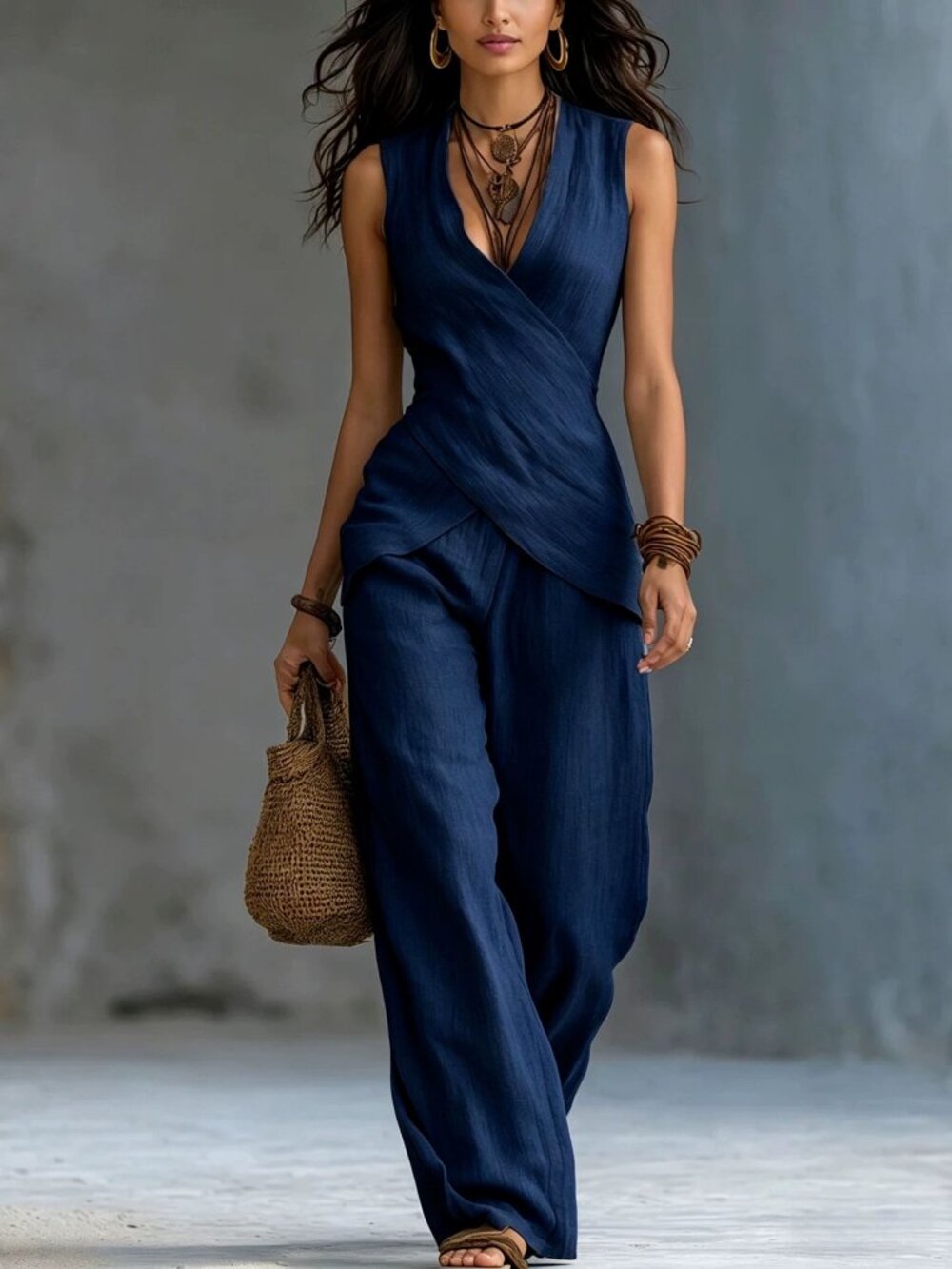 Navy Blue V-Neck Top & Wide Leg Pants Set | Casual 2-Piece Outfit